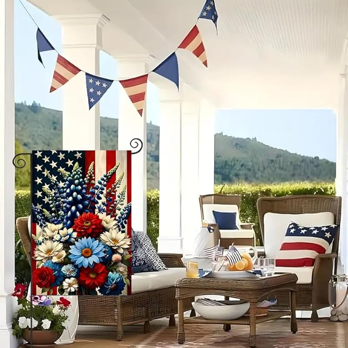4th of July Patriotic Garden Flags 12x18 Double Sided, Small Burlap Summer Memorial Day Independence Day Floral Garden Flag Fourth of July Decorations Outdoor Yard Flags for Outside Lawn Porch Decor