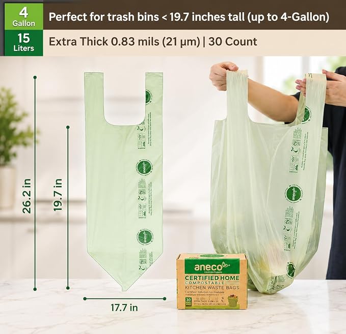 ANECO 4 Gallon Compostable Food Waste Bags with Handles, 30 Count | Extra Thick, For Medium Kitchen Garbage/Bathroom Bin, OK Compost HOME Certified, BPI Certified