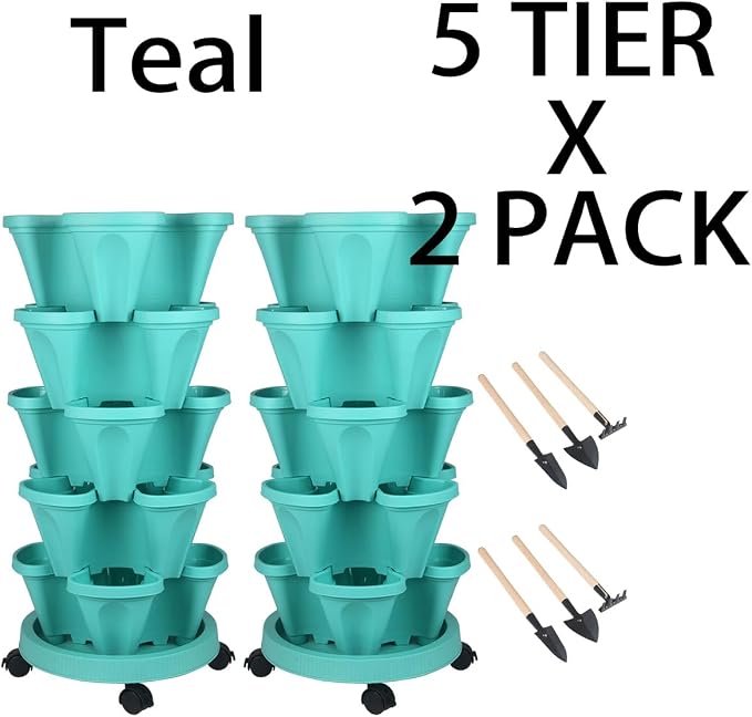 GameXcel Vertical Planter Tower - 5 Tier Stackable Garden Planters with Wheels and Tools Plant Pots for Strawberry Herb Flower and Vegetable Indoor Outdoor Use Teal 2 Pack