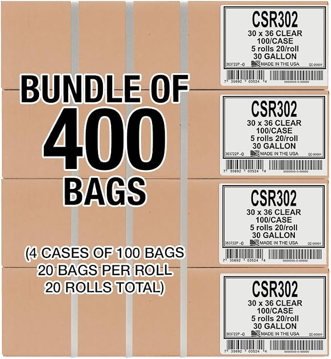 Aluf Plastics 20-30 Gallon 1.5 MIL (eq) Clear Heavy Duty Garbage Bags - 30" x 36" - Pack of 400 - for Industrial, Recycling, Storage, & Outdoor