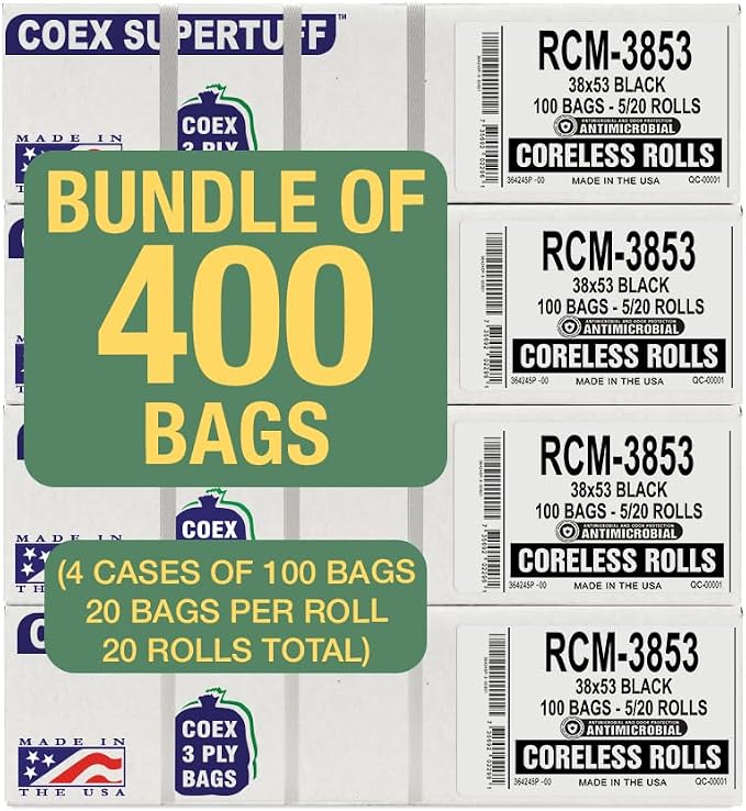 Aluf Plastics - 3 Ply Trash Bags, 44 Gallon, 1.25 Mil (eq), 38"x53", Black, 400 Count (5 Rolls of 20)