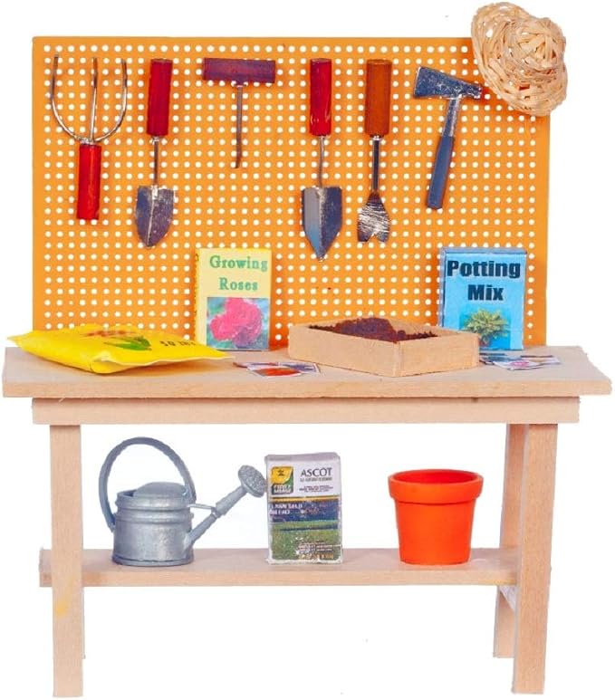 Dollhouse Miniature Potting Bench with Attached Accessories #SH0033