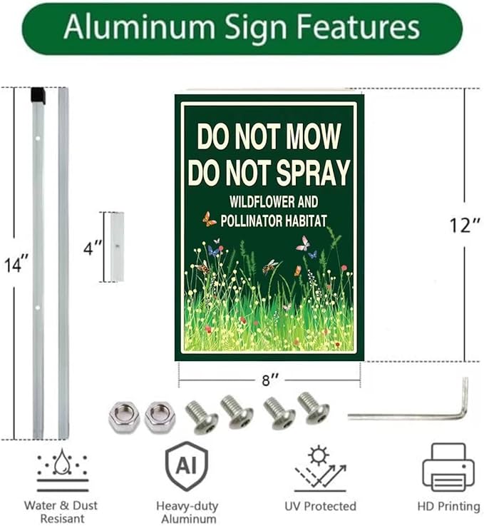 Do Not Mow Do Not Spray Yard Sign,Wildflower Pollinator Habitat Yard Sign With Stakes(8x12in),Rustproof Aluminum Pollinator Friendly Garden Sign Stand Outdoor