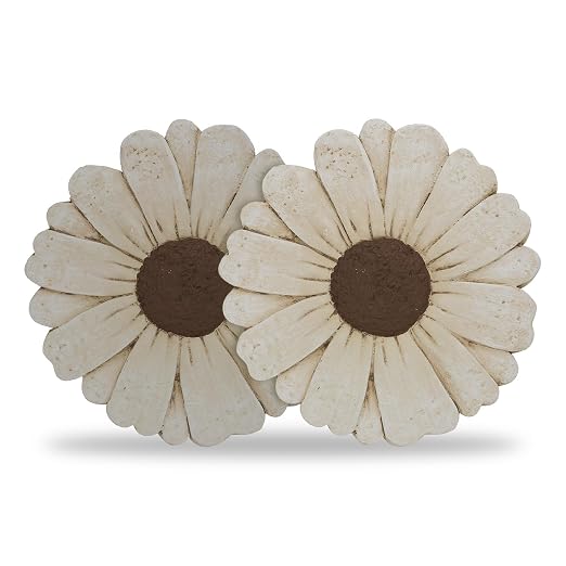 2 Pack Daisy Cement Stepping Stones 10 Inch, Heavy Duty Garden Pathway Stones, Non Slip Outdoor Walkway Decor for Yard Patio Lawn, Weather Resistant Cement Stepping Stones (White)