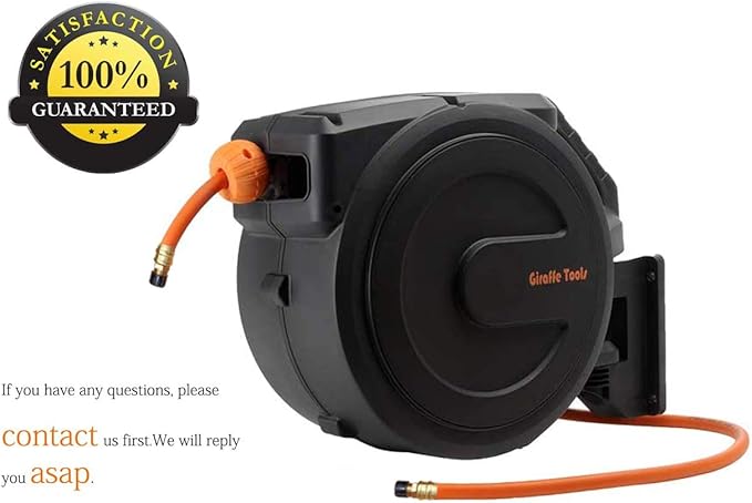 Giraffe Tools Retractable Air Hose Reel Enclosed with 3/8 in. x 50 ft Hybrid Hose, Lightweight Compressor Hose Reel Wall Mounted with 180° Swivel Bracket, 300 PSI