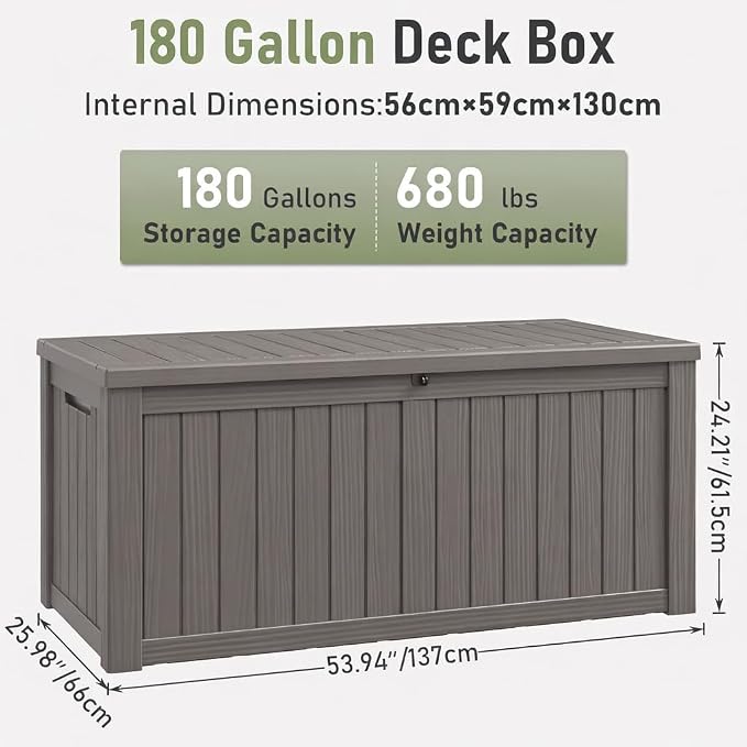 NUNU LAB 180 Gallon Outdoor Storage Box,Resin Large Sturdy Deck Box, Backyard Outside Storage Box Waterproof with Double Wall Panels,Package Delivery Garden Outdoor Hose
