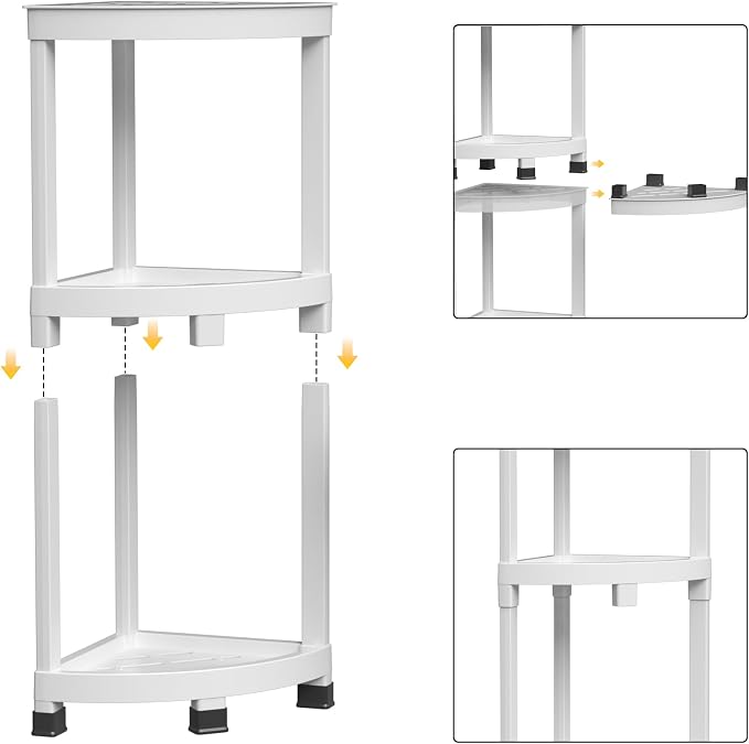 GallopFun Corner Shower Stool for Inside Shower, Waterproof Shower Bench for Shaving Legs, Plastic Anti-Fracture Shower Seat/Foot Rest with Baffle Storage Shelf, Rapid Assembly DIY Shelf (White)