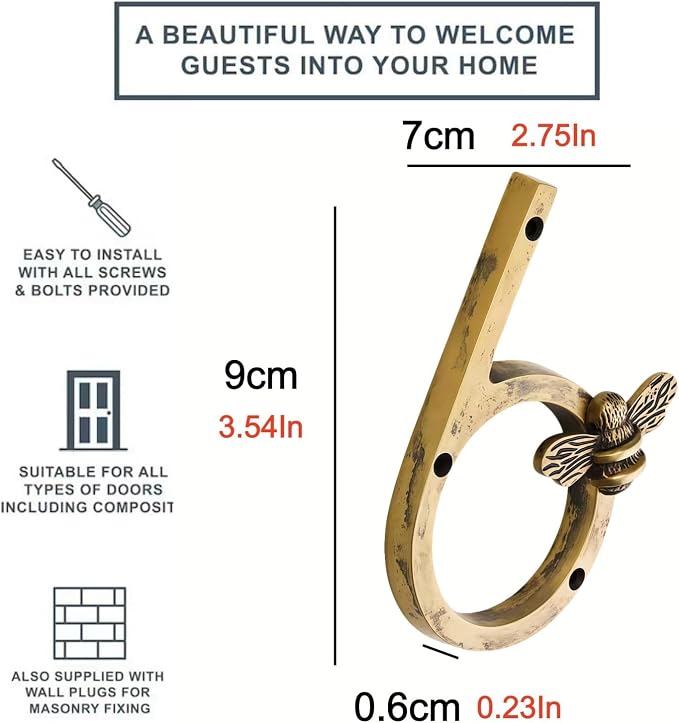 Aimery Bee House Number Sign, Classical Style 0-9 Metal, 3.5 inch for Outside, Motels,Address Numbers for House, Mailbox(Gold,6)