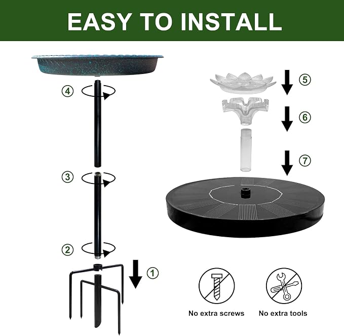 Bird Bath with Solar Fountain, Durable 5-Prong Base Solar Bird Bath with Stable Metal Stake, Detachable Solar Powered Bird Baths for Garden Outdoor Yard Lawn, Spotted Green