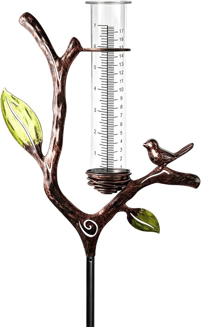 Deepfeel Branch Design Rain Gauge Outdoor – Decorative Rain Gauge for Garden Yard Patio, Easy-to-Read 7" Scale, Freeze Proof Plastic Tube with Metal Stake, Rain Gauges Outdoors Best Rated