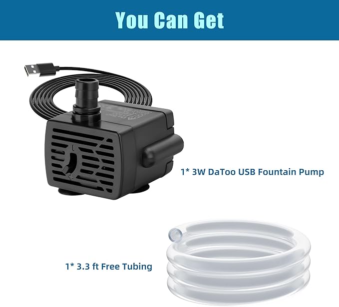 DaToo DC 5V USB Water Pump For Fish Tank 3W Mini Submersible Water Pump With Tubing And Flow Adjustment Function Small Fountain Pump For Pet Fountain Aquarium Hydroponics Desktop Fountain 190L/H