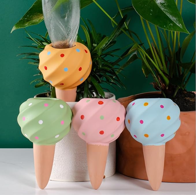 4 Pack Watering Globes - Terra Cotta Watering Spikes for Indoor Plants (Conch)