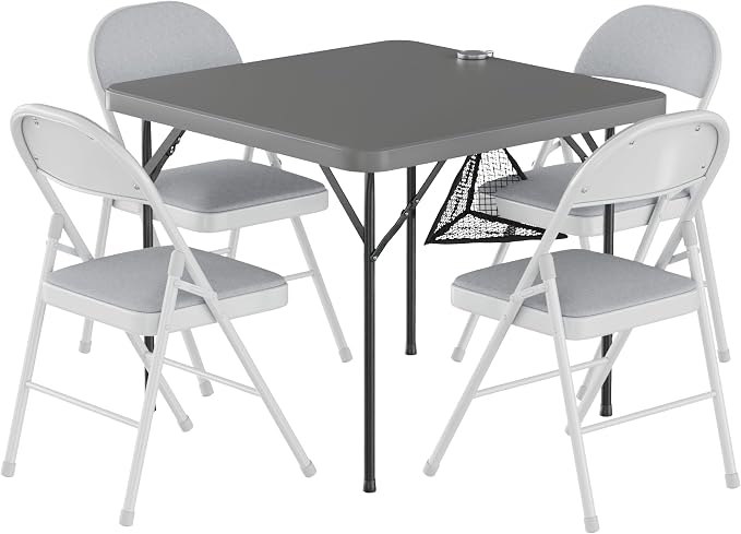 VECELO 5 Piece Folding Card Table Square and Chairs Set, Collapsible Legs & Portable for Indoor/Outdoor, Picnic, Grey & Light Grey
