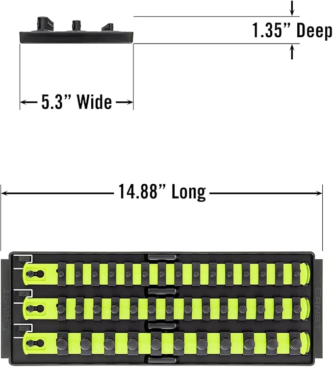 Ernst Manufacturing 8498HV 13-Inch Socket Boss, Premium 3-Rail Multi-Drive Socket Organizer, High Visibility - Made in USA