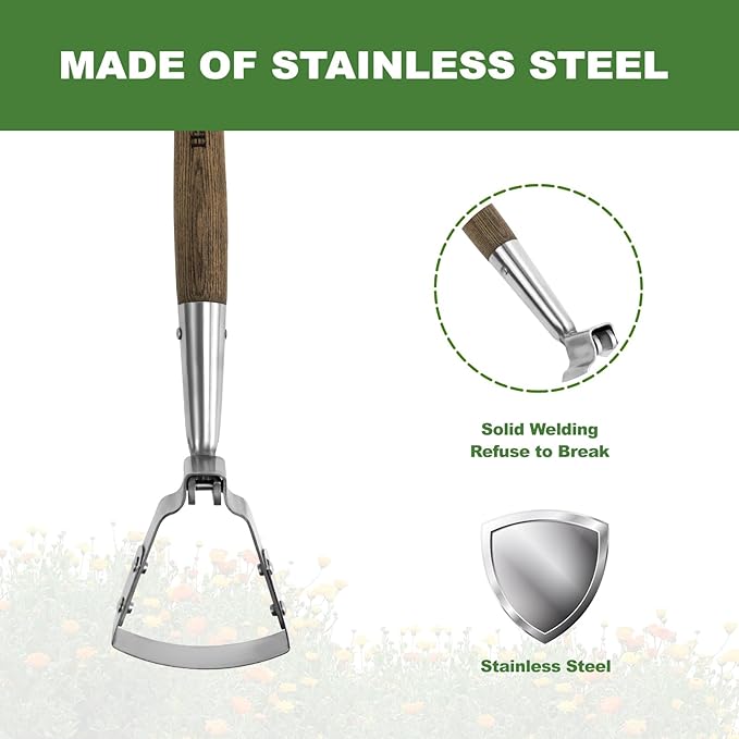 Haliaeetus Scuffle Hoe, 16.8'' Stirrup Hoe for Weeding Precisely in Raised Bed, Stainless Steel Action Hoe for Weeding in Push-Pull Motion, Hula Hoe with Compact Size for Weeding in Between Plants