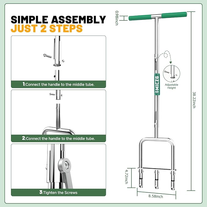 Lawn Core Aerator Tool, Handheld Soil Coring Aerator, 3 Replaceable Hollow Tines Semi-Assembled Grass Plug Aerator for Yard Lawn Garden Care-Green