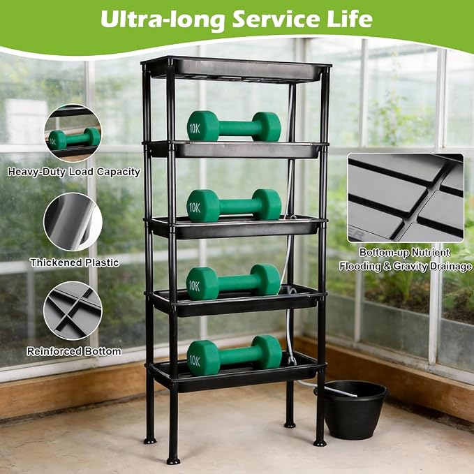 RooTrimmer 5-Tier Hydroponics Growing System, Plant Stand with Grow Lights, Ebb and Flow Seedbeds, Siphoning Watering, Designed for Nursery Cell Trays, Plant Pots