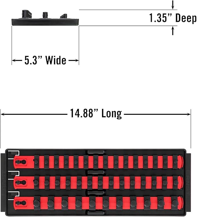 Ernst Manufacturing 8490 Socket Boss: 3-Rail Socket Organizer Tool Tray with 40 Clips (1/4", 3/8", 1/2") - Red, 13-Inch Rails for Toolbox Storage - Made in USA