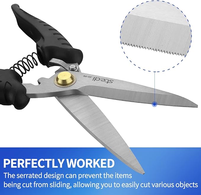stedi 8.2-inch Multipurpose Heavy Duty Scissors, Extended & Reinforced Ultra Sharp Blades with Finely Serrated, High Carbon Stainless Steel Shears for Household Pruning, Office, Gardening, Black