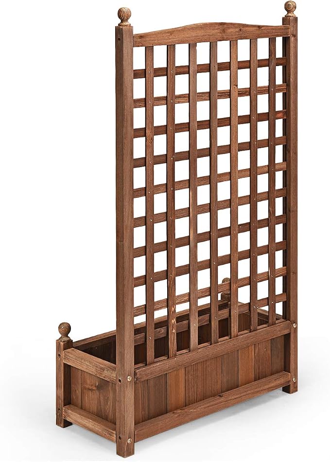 Giantex Wood Planter Free Standing Plant Raised Bed with Trellis for Garden or Yard (11" Dx25 Wx48 H)