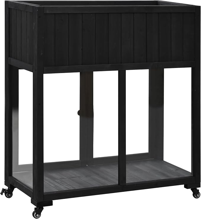Merax Raised Garden Bed with Leg, Potting Bench with Wheels Outdoor Garden Work Bench Station Planting Solid Wood Construction for Horticulture w/Storage Cabinet, Black
