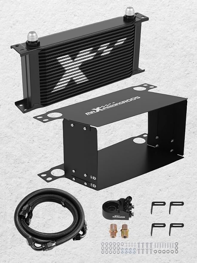 maXpeedingrods 16 Row Engine Oil Cooler Kit, 10AN Transmission Engine Cooler British Radiator Universal Aluminium Black, Thermostatic Oil Filter Sandwich Adapter, Air Guide Kit and Oil Cooler Hoses