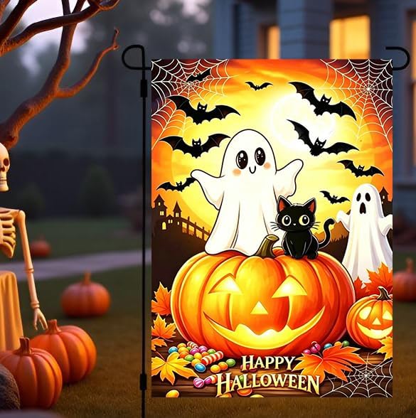 Happy Halloween Ghose Black Cat Garden Flags for Outside 12x18 Inch Double Sided, Small Burlap Holiday Outdoor Garden Flag Halloween Decorations for Home Porch Yard Lawn Décor