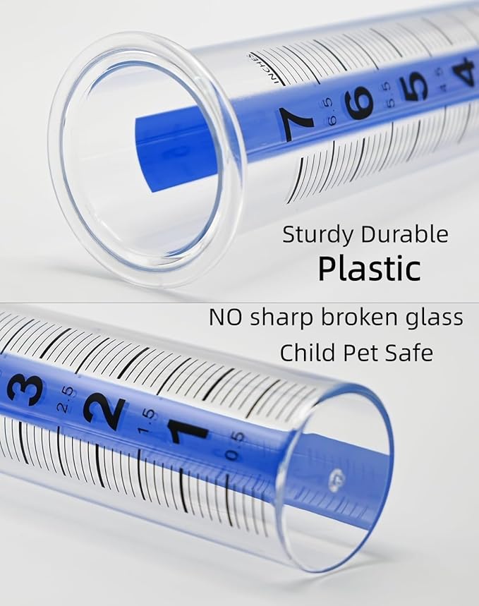 2pcs 7in Large Rain Gauge Outdoor Replacement Tube Cylinder Clear Plastic | Freeze Proof crack Weather Resistant, Big Numbers in tenths Accurate Easy to Read, Safe for Child pet Yard Garden, sturdy