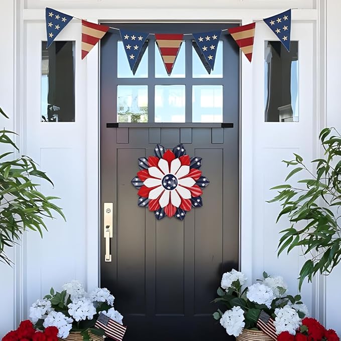 YEAHOME 4th of July Decorations Outdoor, 11" Red White and Blue Metal Flower Wall Art for Fourth of July Decor, Stars and Stripes Patriotic Decorations for Home Garden Lawn Porch