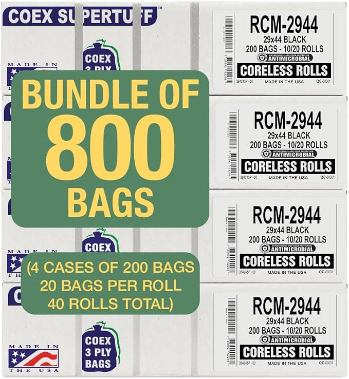 Aluf Plastics 26 Gallon For Slim Jim 1.25 MIL (eq) Black Heavy Duty Trash Bags - 29 inch X 44 inch - Pack of 800 - For Construction, Industrial, Outdoor, & Commercial