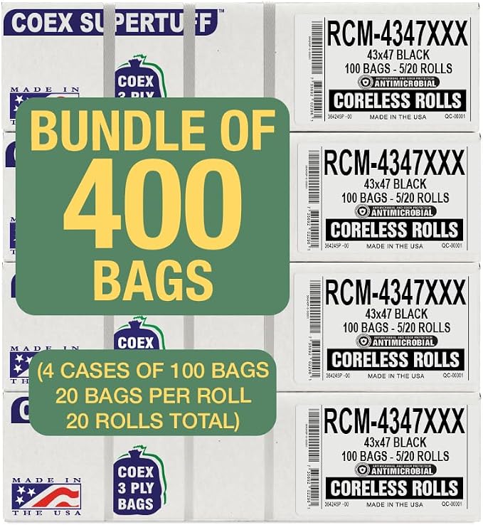 Aluf Plastics - 3 Ply Trash Bags, 56 Gallon, 2 Mil (eq), 43"x47", Black, 400 Count (20 Rolls of 20)