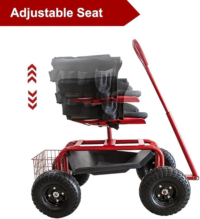 THUNDERBAY Garden Cart Rolling Workseat with Wheels, 360 Degree Swivel Seat, Wagon Scooter with Steering Handle & Utility Tool Tray for Planting, with Storage Basket and Tool Pouch, Red