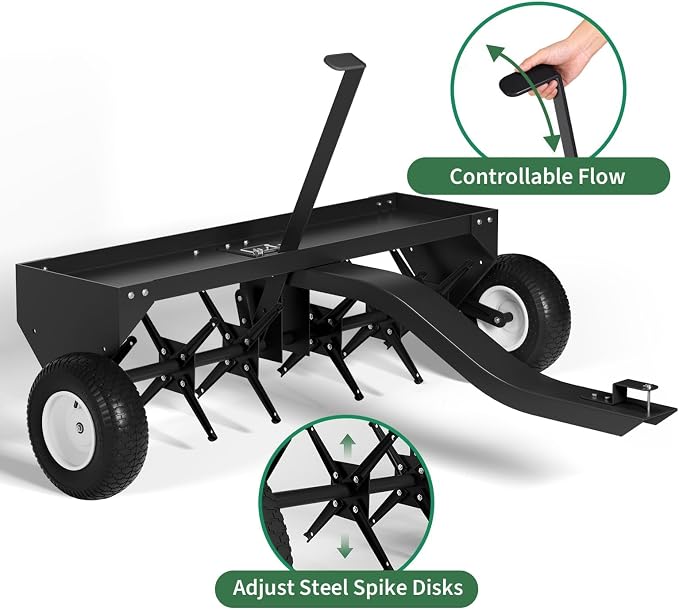48 Inch Tow Behind Lawn Plug Aerator,100LBS Capacity Yard Aerator with Universal Hitch &10" Tires, Heavy Duty Aerator Lawn Tool Tow Behind, Steel Core Aerator for Garden Farm Yard Lawn Care