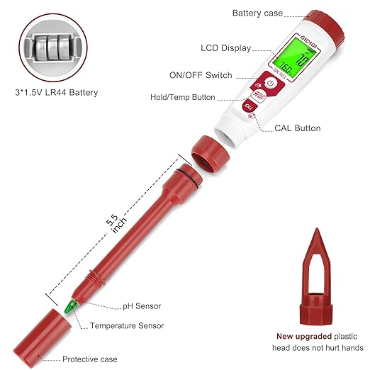 High Accuracy Digital pH Meter with Thermometer | For Soil, Garden, Water, Plants, Solution and Food, LCD Display, Calibration Powder Included, Plastic Protective Cap