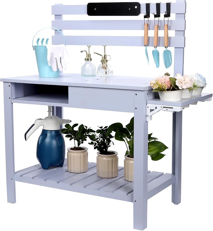 Potting Bench Outdoor Potting Table—Outdoor Kitchen for Kids, Solid Wood Garden Work Station with Sink、Hooks、3Flower Pots, Weather Proof