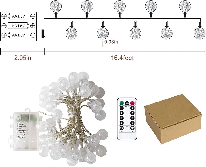 Metaku Globe String Lights Fairy Lights Battery Operated 16.4ft 50LED String Lights with Remote Waterproof Indoor Outdoor Hanging Lights Decorative Christmas Lights for Home Party Patio Garden Wedding