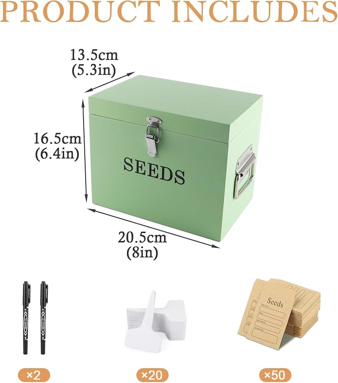 Seed Storage Organizer with 2 Dividers,Wooden Seed Saving Box with Lid, Seeds Bin Storage Container Kit with 2 Pens,20 Plant Labels and 50 Seeds Envelopes, Perfect for Flower Plants Garden