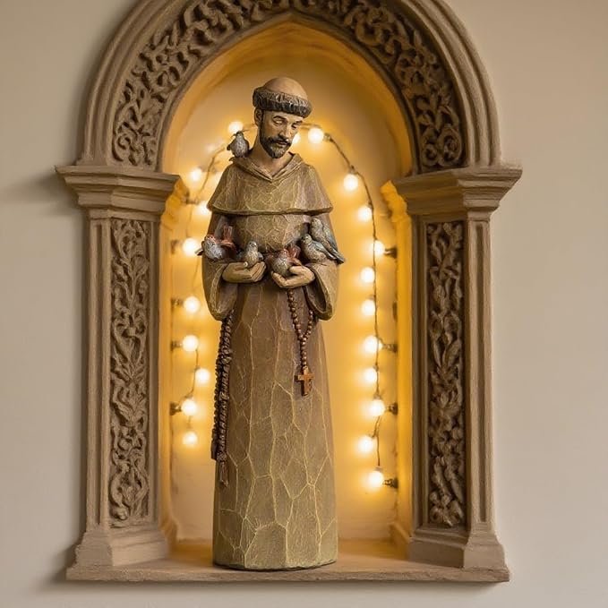 St Francis Statue 12 Inch - Preaching to Birds, Premium Resin with Wood Carving Texture, Patron Saint of Animals & Nature, Garden Outdoor Sculpture, Home Decor, Catholic Gift