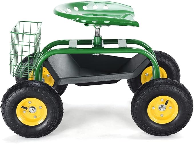 S AFSTAR Rolling Garden Seat, Outdoor Lawn Yard Patio Work Seat with Heavy Duty Wheels, Swivel Seat, Tool Tray & Basket, Garden Cart Wagon Scooter (Green)