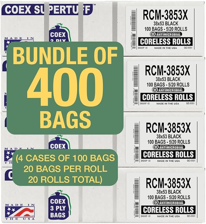 Aluf Plastics - 3 Ply Trash Bags, 44 Gallon, 1.5 Mil (eq), 38"x53", Black, 400 Count (20 Rolls of 20)