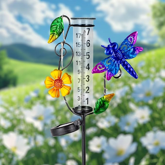 Rain Gauge Outdoor, Solar Rain Gauges for Yard, Dragonfly Freeze Proof Rain Gauge with 7" Plastic Tube, Metal Decorative Water Gauge with Led Light