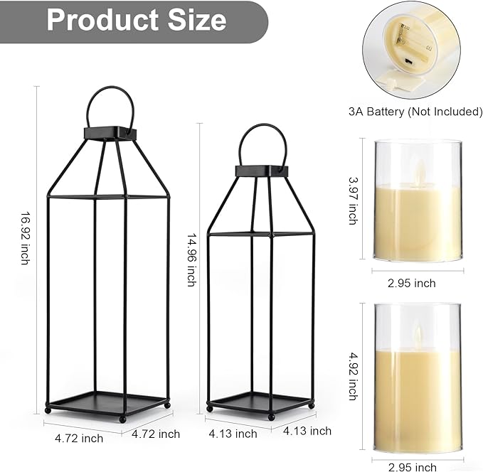 Lanterns Decorative Outdoor 2PCS Living Room Decor Lantern Black Metal Lantern Front Porch Decor Lanterns Decor Indoor with LED Candle Lanterns Decor No Glass for Indoor Outdoor (Small&Large, 2Pcs)