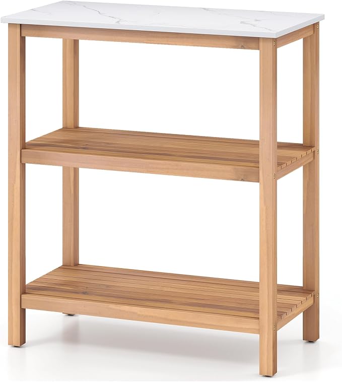 Giantex 3-Tier Outdoor Potting Bench, Acacia Wood Planting Workstation with Faux Marble Tabletop, Open Storage Shelves, 300LBS Capacity, Garden Potting Table for Horticulture