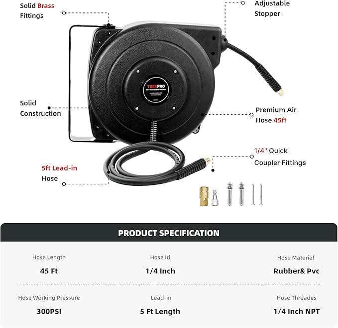 Retractable Air Hose Reel, 1/4 IN x 45 FT Hybrid Air Hose Max 300 PSI, Air compressor hose reel with 5 ft Lead in, Ceiling/Wall Mounted air hose reel,Heavy Duty air tool