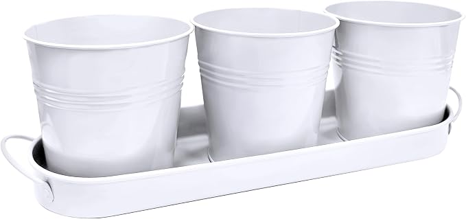 TCBWFY Indoor Herb Garden Planter Set - 3 Pack 4.7" White Metal Plant Pots with Drainage Holes & Removable Tray - Windowsill Kitchen Counter Balcony Office Garden