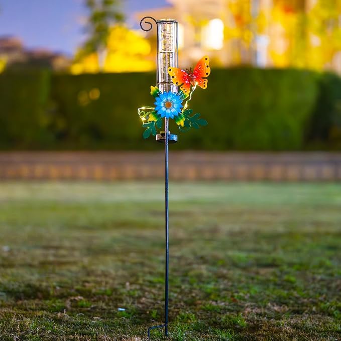 Rain Gauge Outdoor,Rain Gauges,Glass Decorative Rain Guage with Metal Stake for Garden Yard Lawn Decor,Butterfly