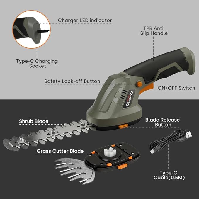 2-in-1 Cordless Hedge Trimmer & Grass Shear, Handheld Electric Shrub Trimmer with Rechargeable Battery and Type-C Cable for Garden, Yard and Lawn