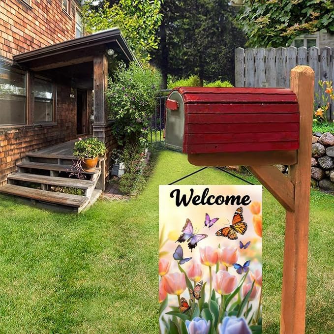 Spring Summer Garden Flag 12x18 Double Sided, Small Burlap Flowers Tulip Welcome Garden Flags Spring Summer Decorations Outdoor Yard Flags for Outside Lawn Décor