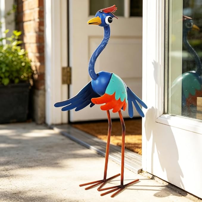Metal Wacky Heron Garden Statue, 19‘’ Crane Garden Decor for Outside, Bird Yard Art for Outside, Patio, Backyard, Lawn (Blue & Cyan)