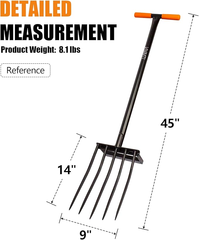 VNIMTI Heavy Duty Pitch Fork, 45-Inch Garden Fork with Strong Steel Tines, Long Handle Pitchfork for Gardening